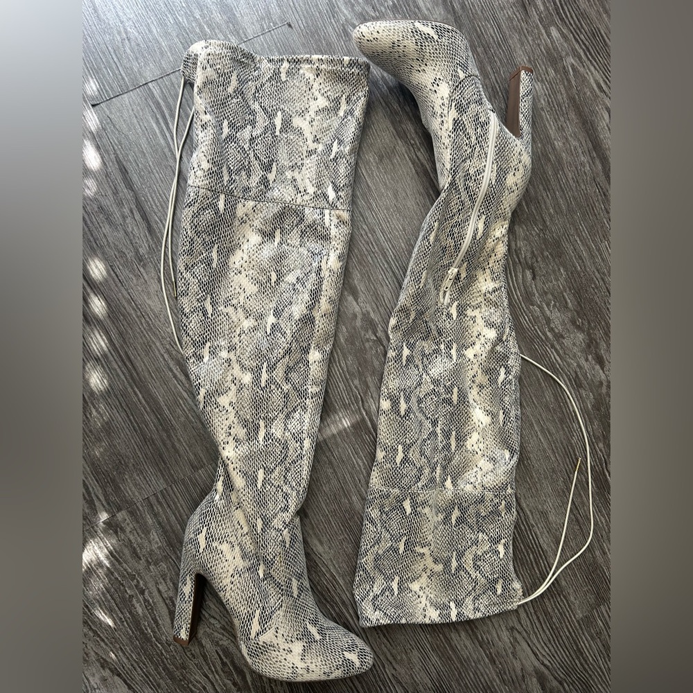 Snake Print Over-the-Knee Boots in Beige and Gray